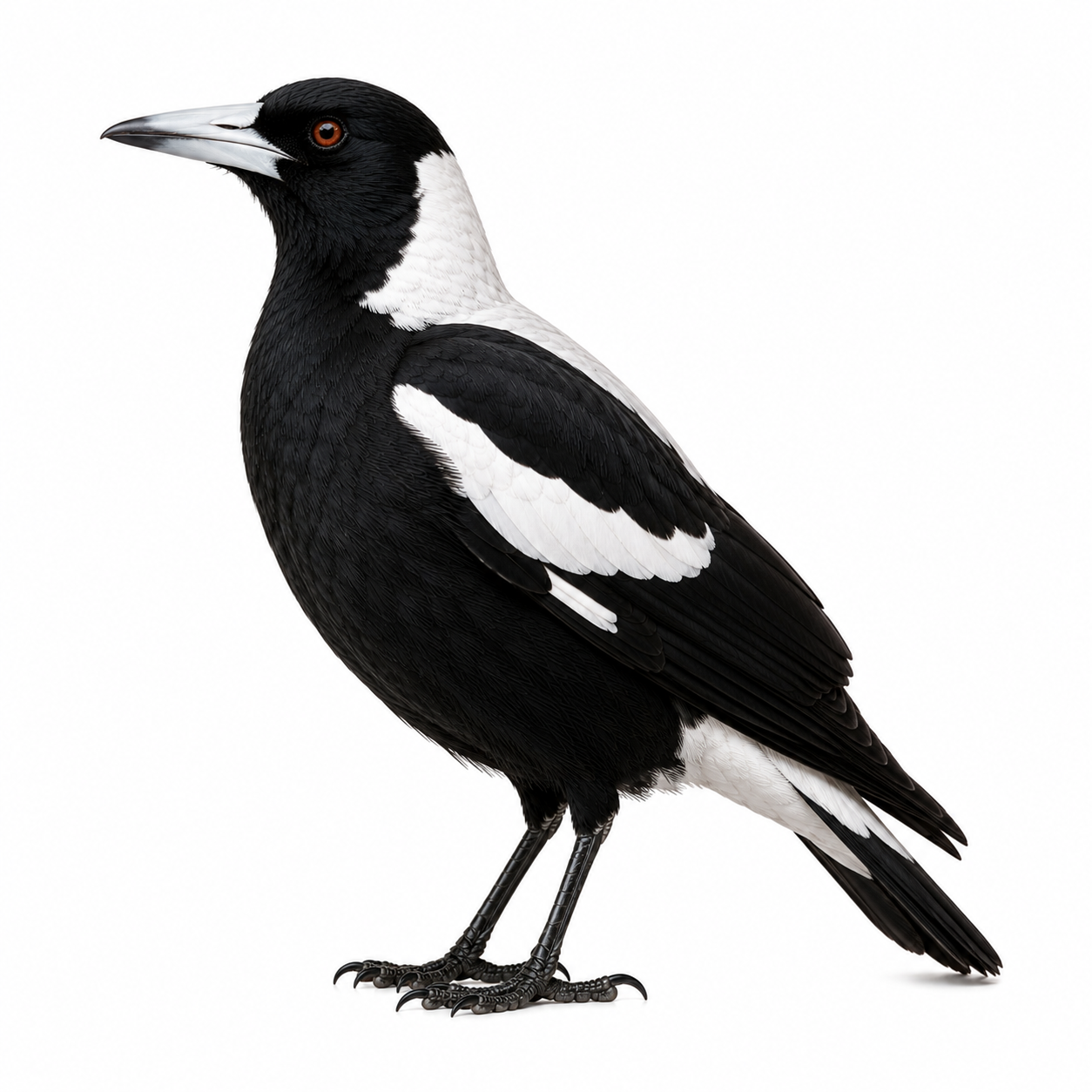 Australian Magpie on white background facing left displaying key identifying features.