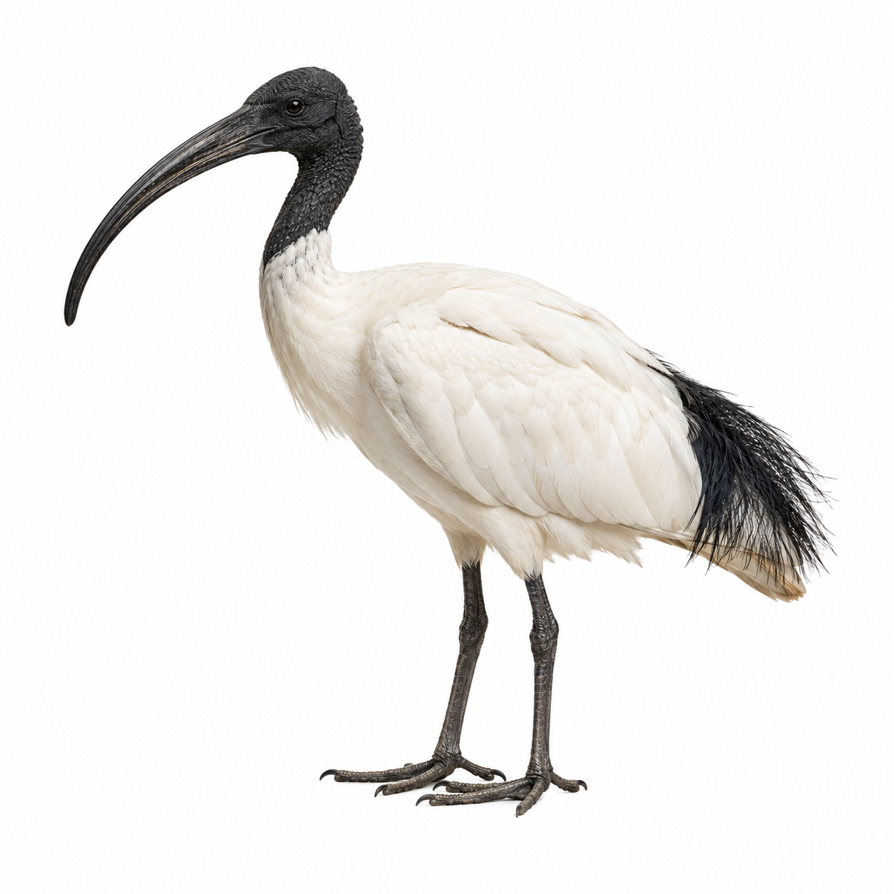 Australian White Ibis on white background facing left displaying distinctive curved beak.