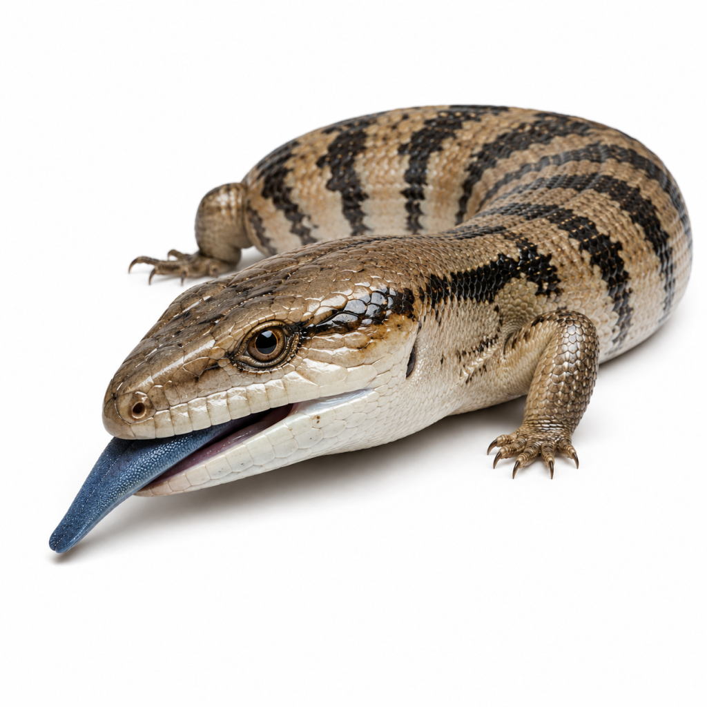 Blue-Tongue Lizard on white background facing left showing identifying features.
