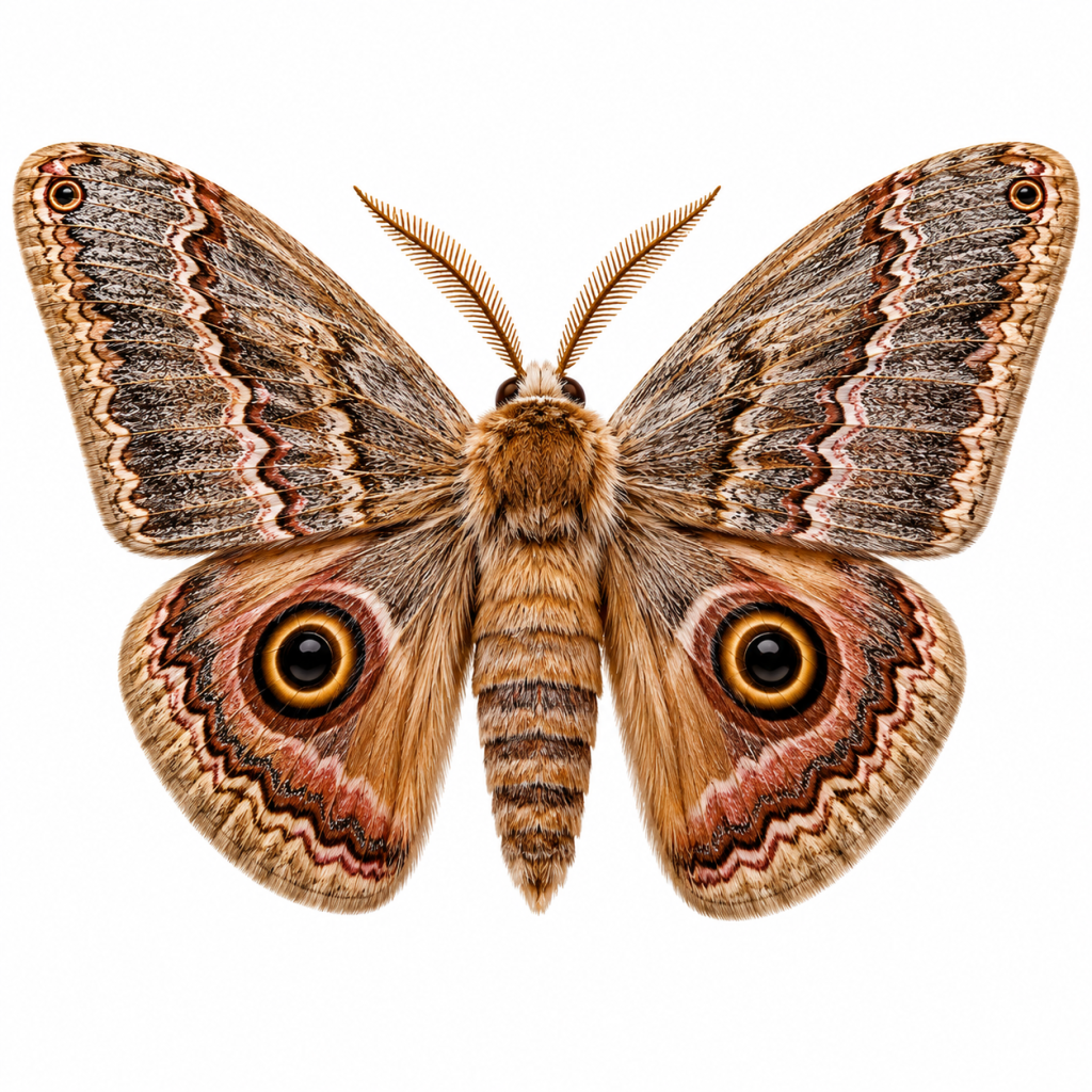 Bogong Moth on white background displaying characteristic wing markings and body shape.
