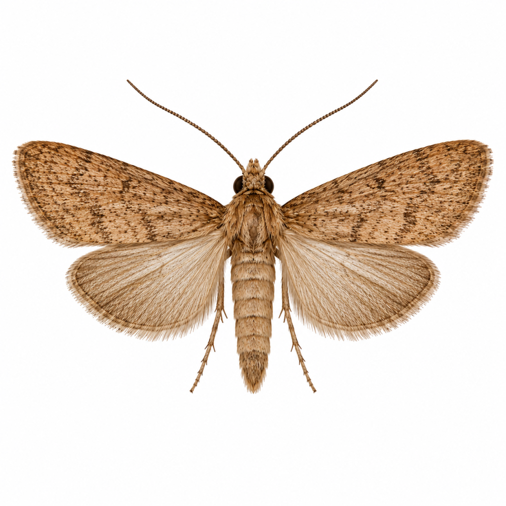 Brown House Moth on white background facing left showing identifying characteristics.