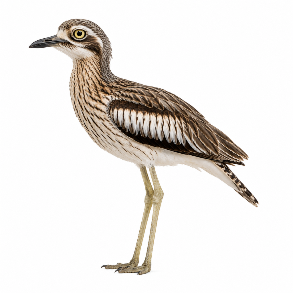 Bush Stone-Curlew on white background facing left showing long legs and large eyes.