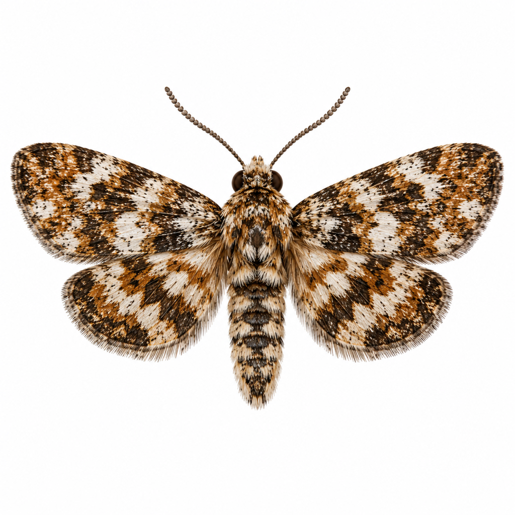 Carpet Moth on white background facing left displaying characteristic wing markings.