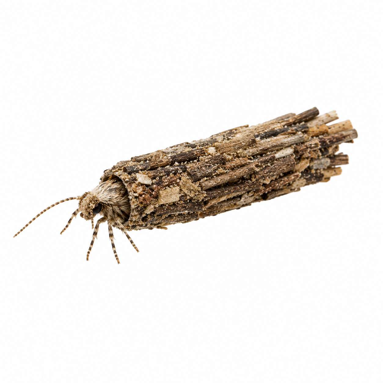 Case Moth on white background facing left displaying protective case-building characteristics.