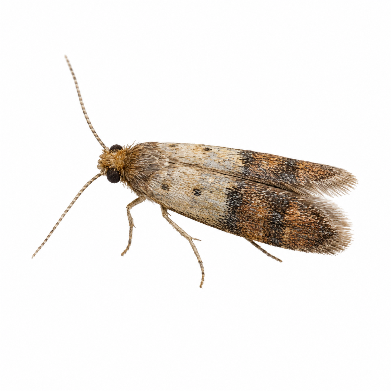 Common Clothes Moth on white background facing left showing identifying characteristics.