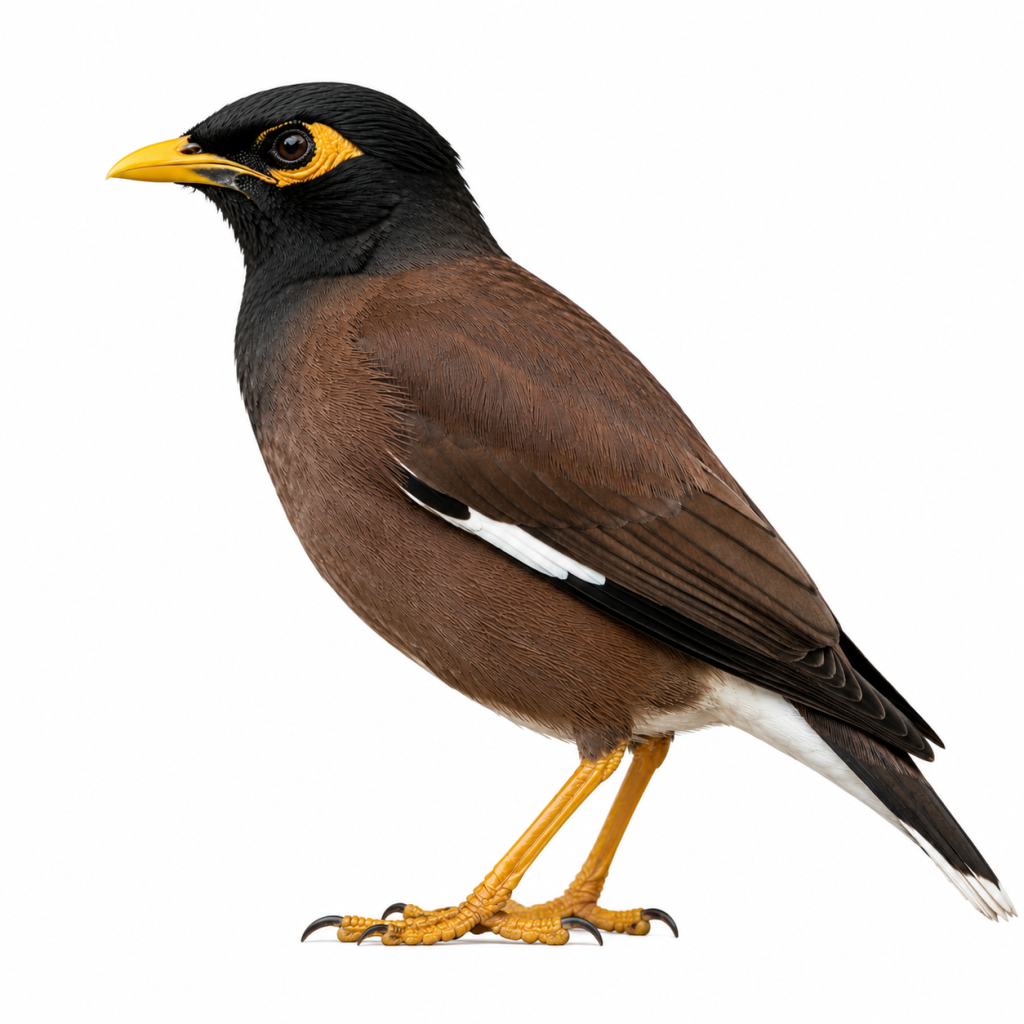 Common Myna bird on white background facing left showing identifying features.