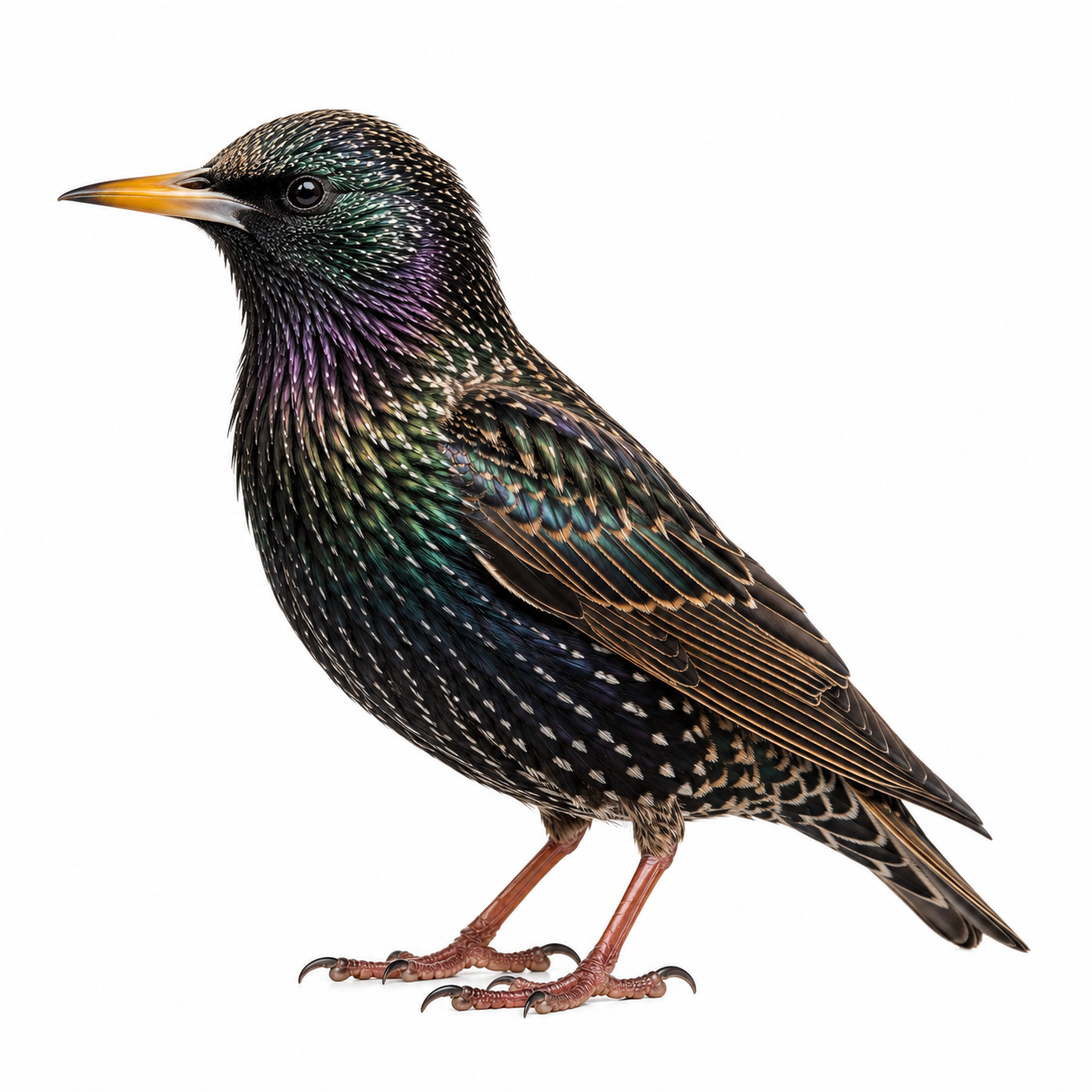 Common Starling on white background facing left displaying speckled plumage.