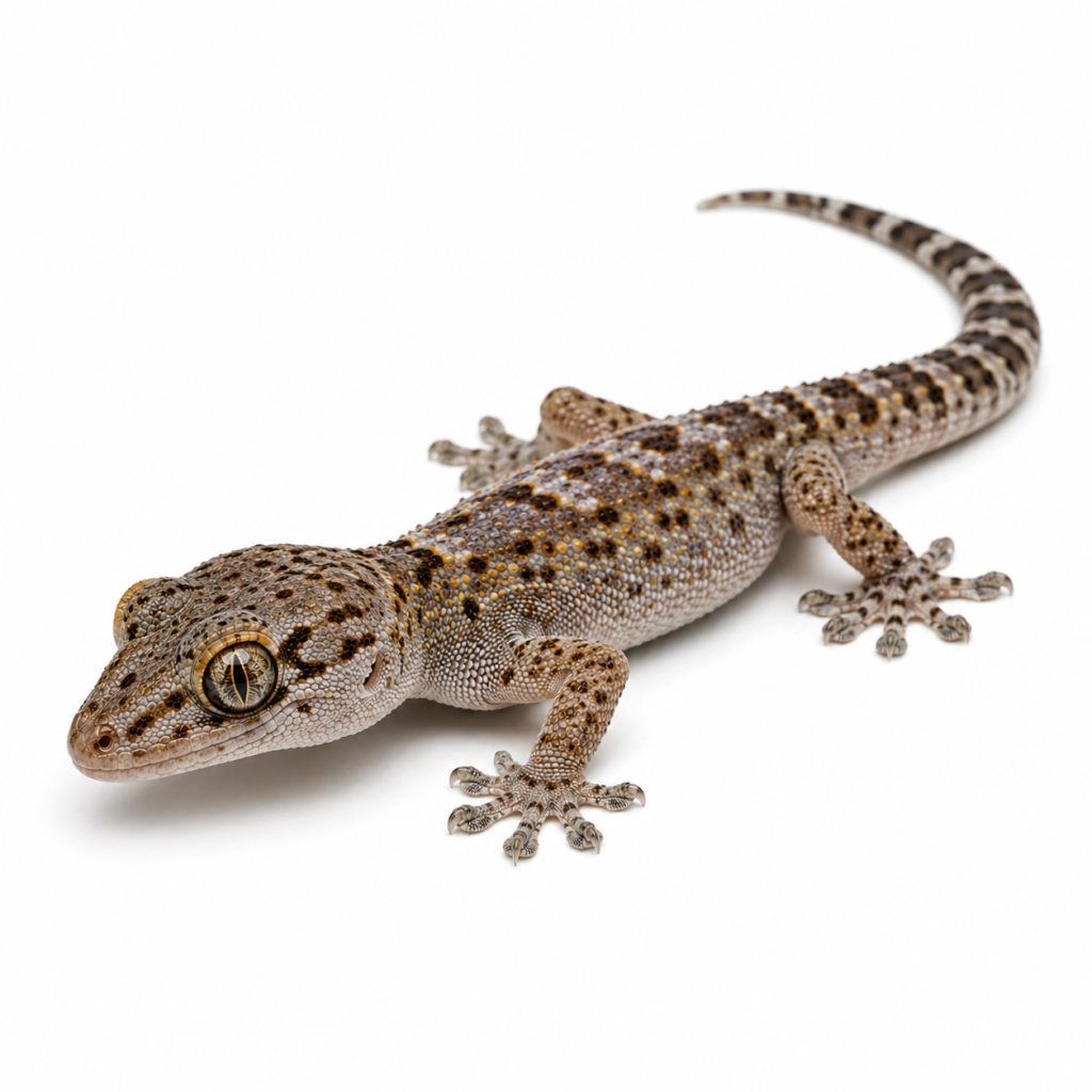 Dtella Gecko on white background facing left showing identification features.