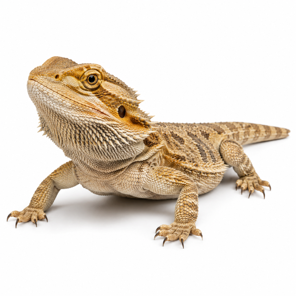 Eastern Bearded Dragon on white background facing left displaying key identification characteristics.