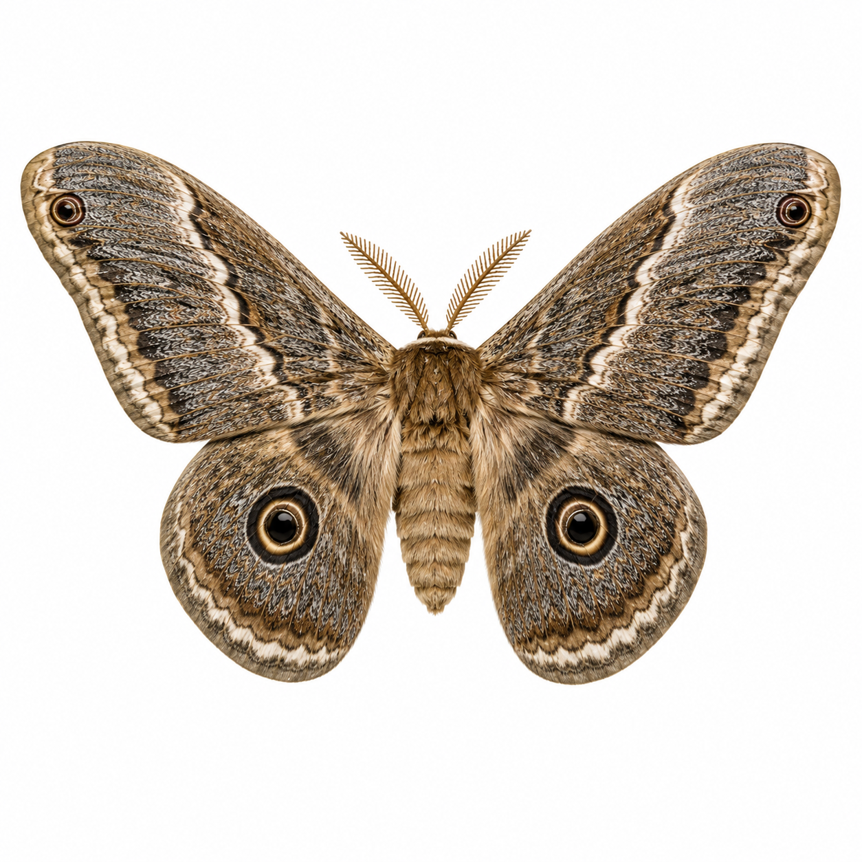 Emperor Gum Moth on white background displaying distinctive green wings and eye spots.