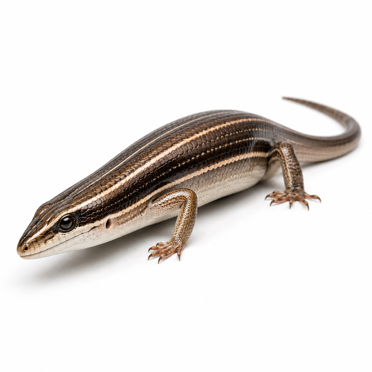 Garden Skink on white background facing left displaying typical identification markings.