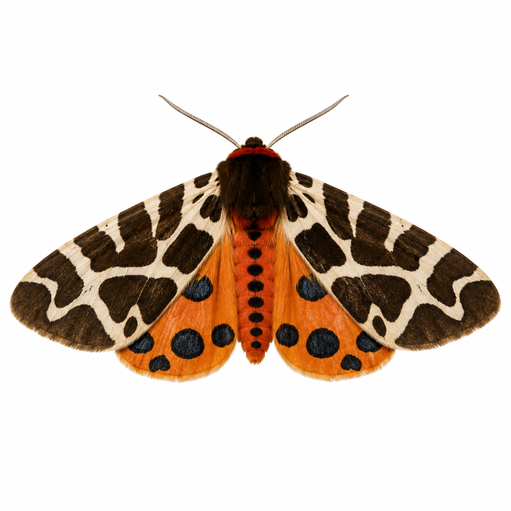 Garden Tiger Moth on white background displaying bold wing patterns and identification features.