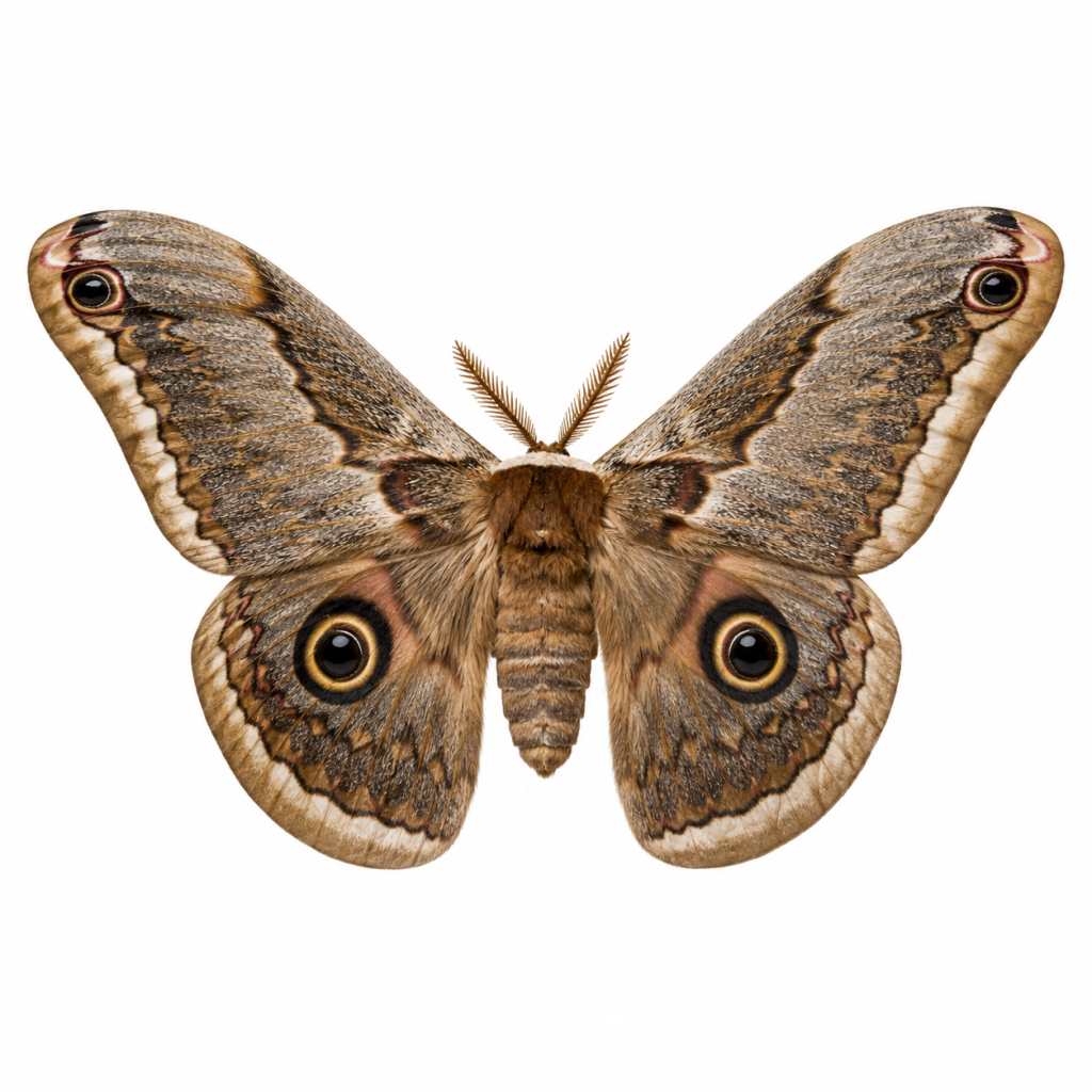 Giant Wood Moth on white background facing left showing large wings and identifying features.