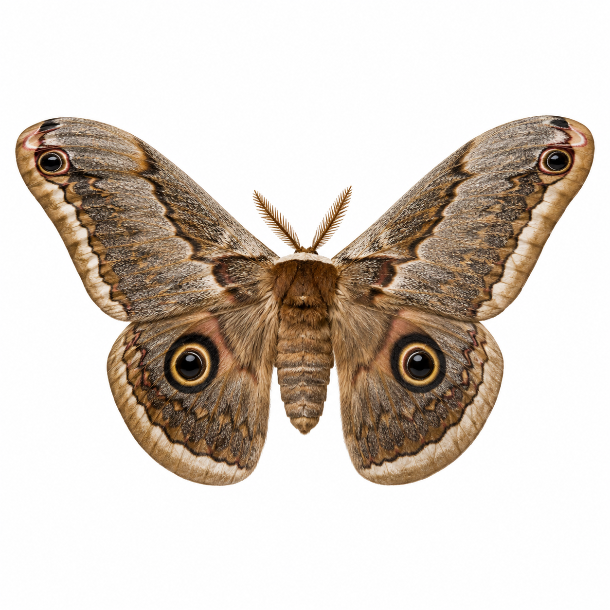 Giant Wood Moth on white background facing left showing large wings and identifying features.