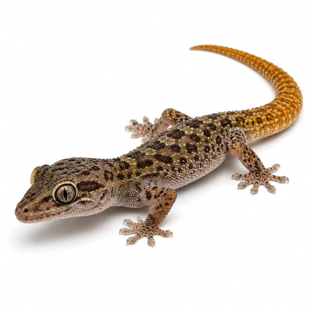 Golden-Tailed Gecko on white background facing left displaying key characteristics.