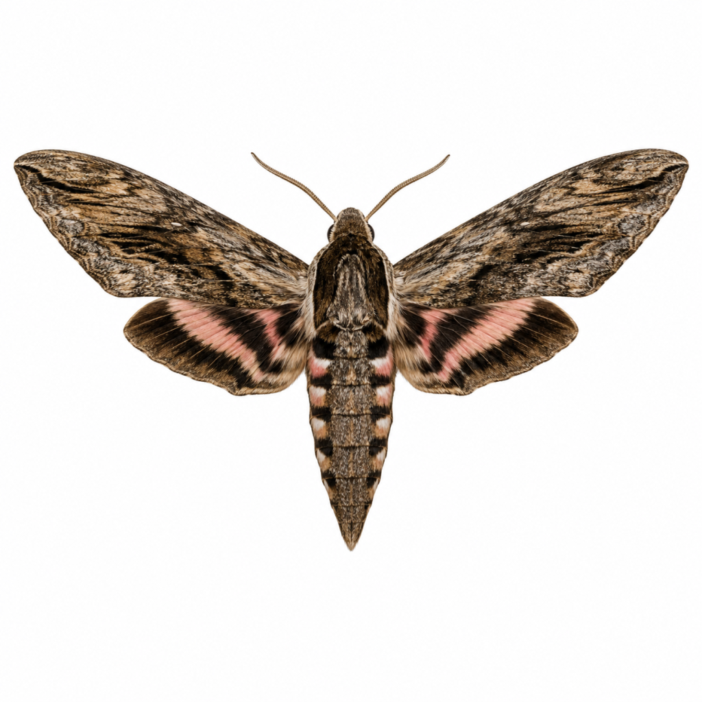 Hawk Moth on white background facing left showing aerodynamic body and wing patterns.