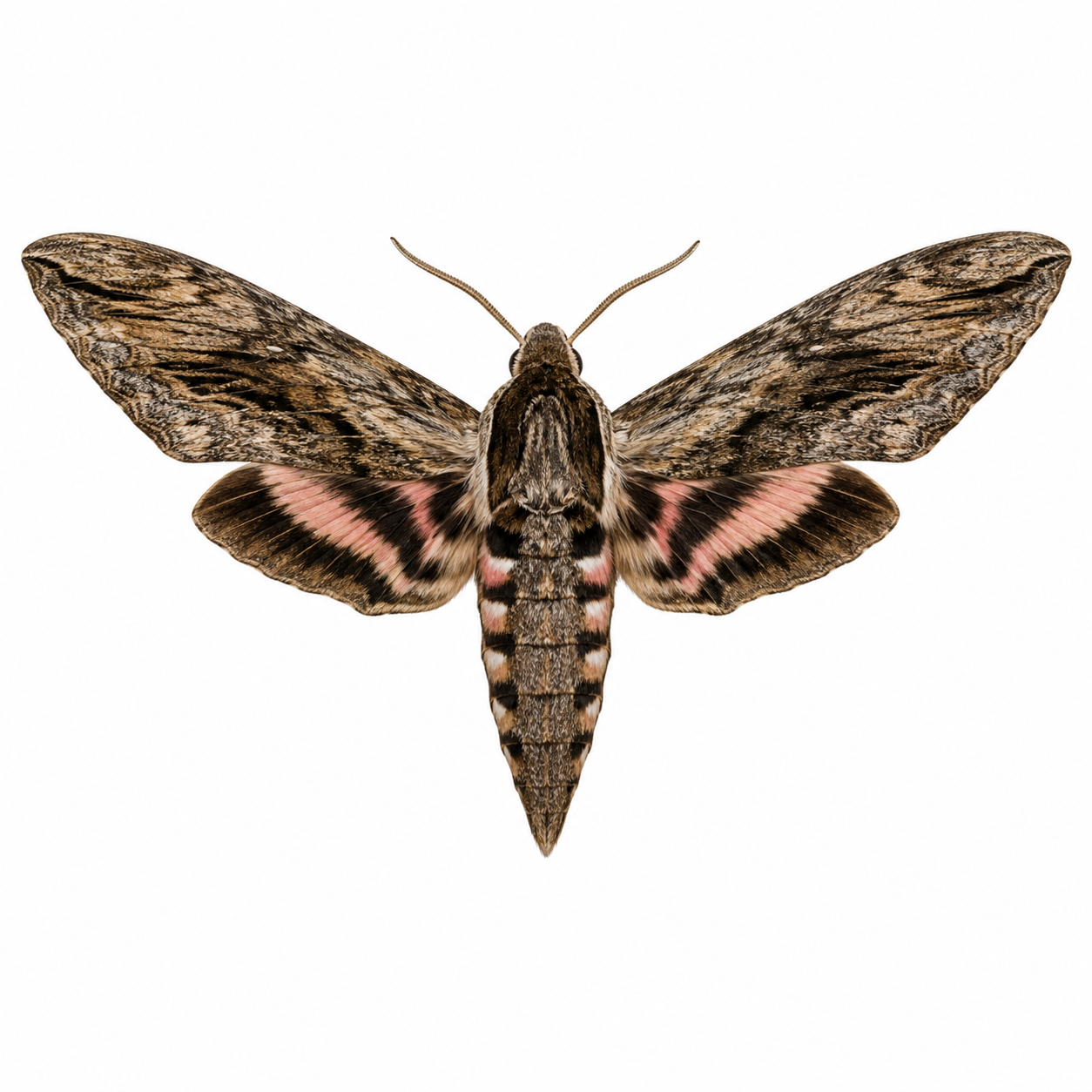 Hawk Moth on white background facing left showing aerodynamic body and wing patterns.