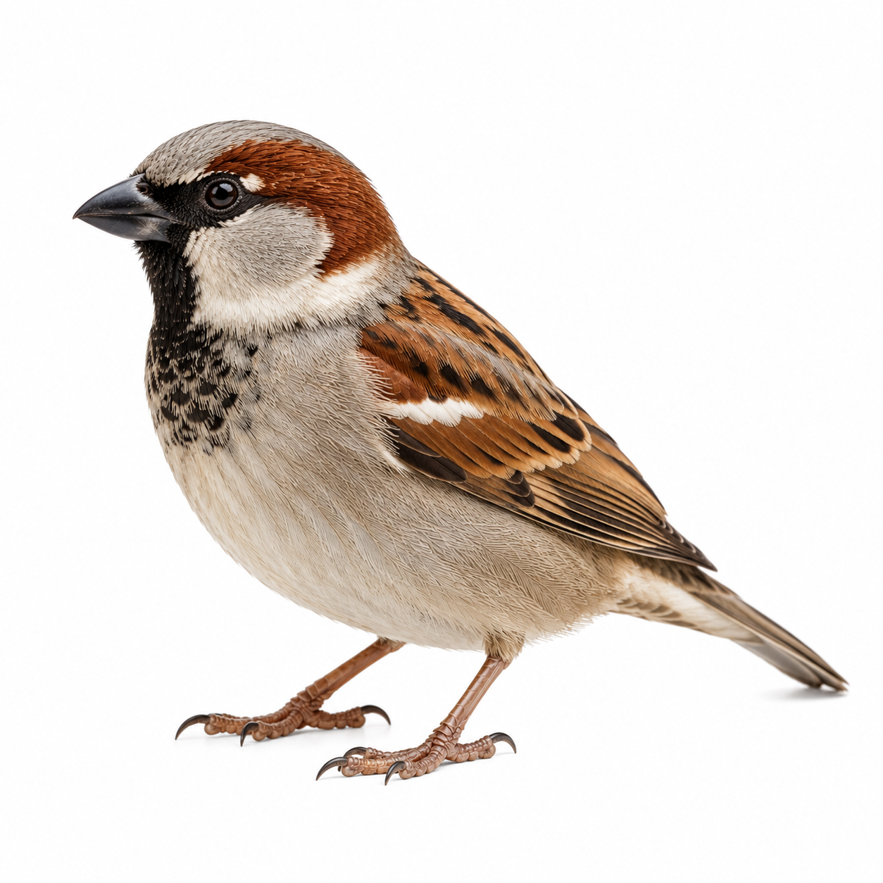House Sparrow on white background facing left showing identifying characteristics.