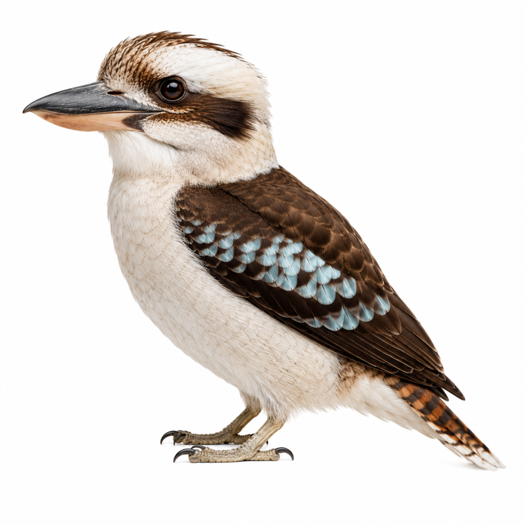 Laughing Kookaburra on white background facing left showing characteristic features.