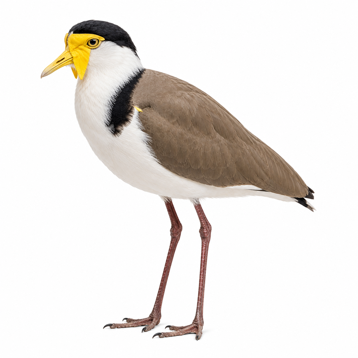 Masked Lapwing on white background facing left displaying yellow facial wattles.