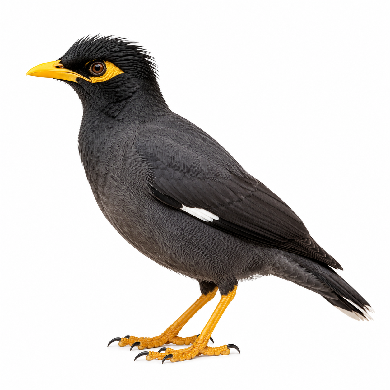 Noisy Myna bird on white background facing left showing identification markings.