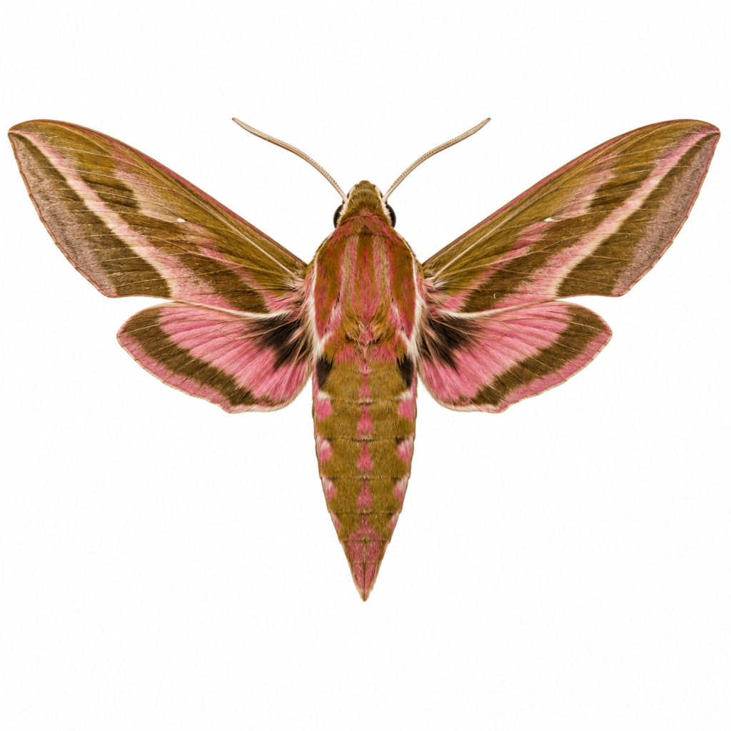 Oleander Hawk Moth on white background showing distinctive wing markings and colours.
