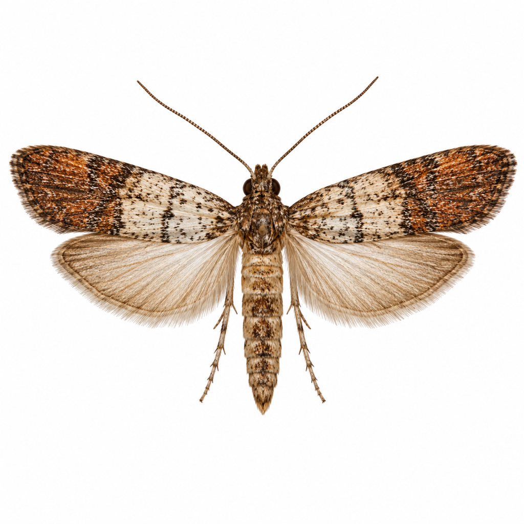 Pantry Moth on white background facing left showing typical identifying features.