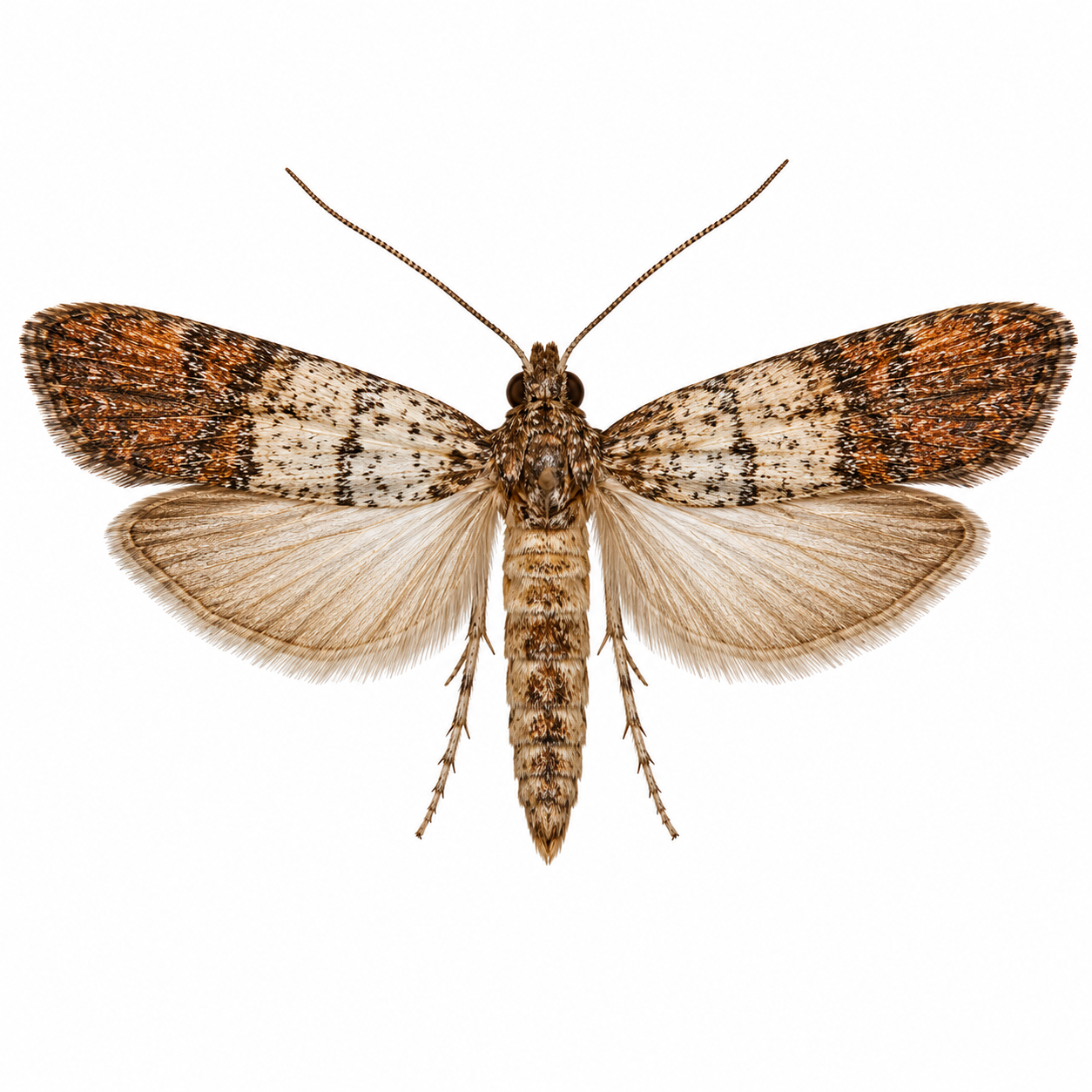 Pantry Moth on white background facing left showing typical identifying features.