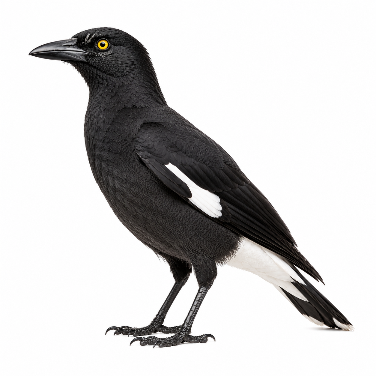 Pied Currawong on white background facing left showing black plumage and yellow eyes.