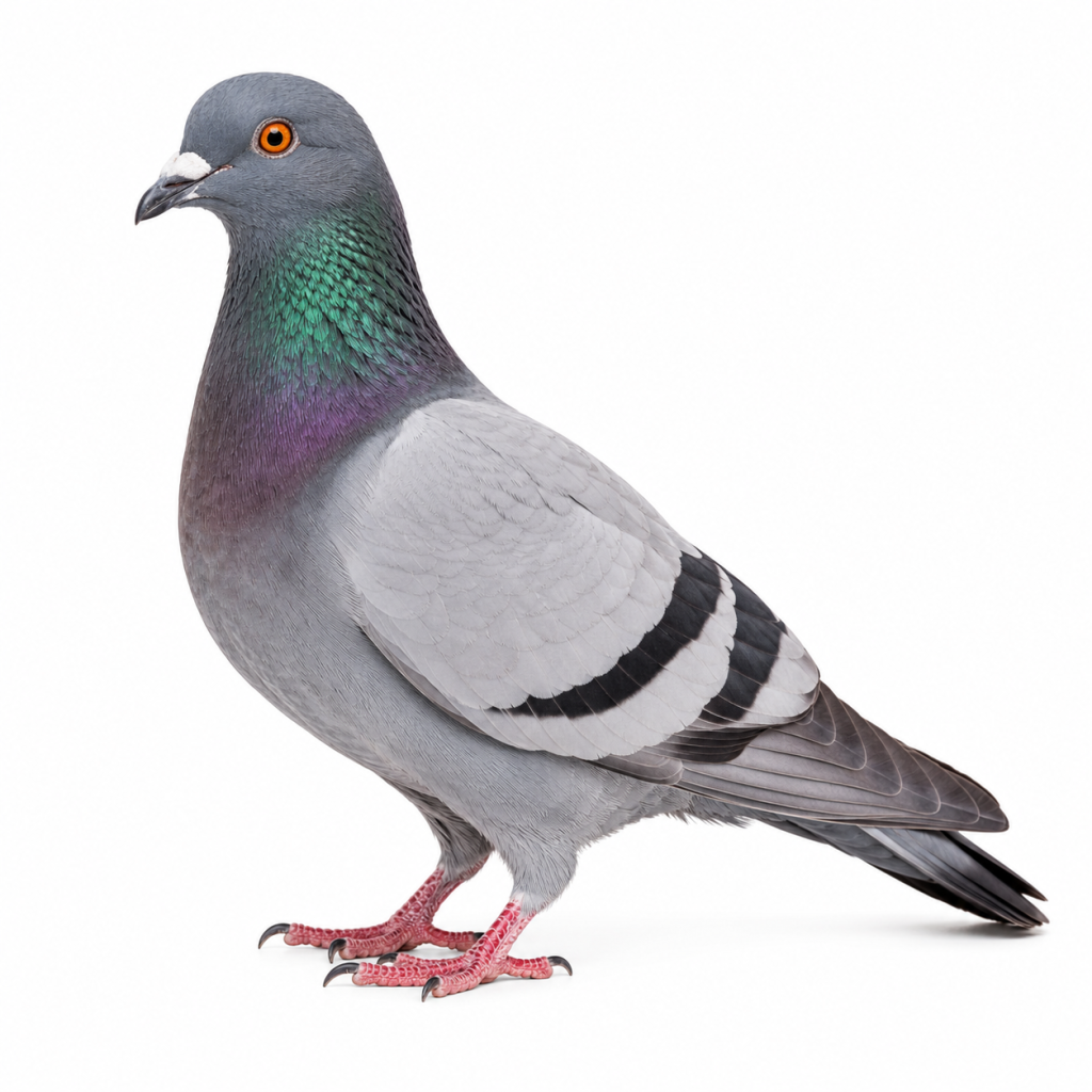 Pigeon on white background facing left displaying typical urban bird characteristics.