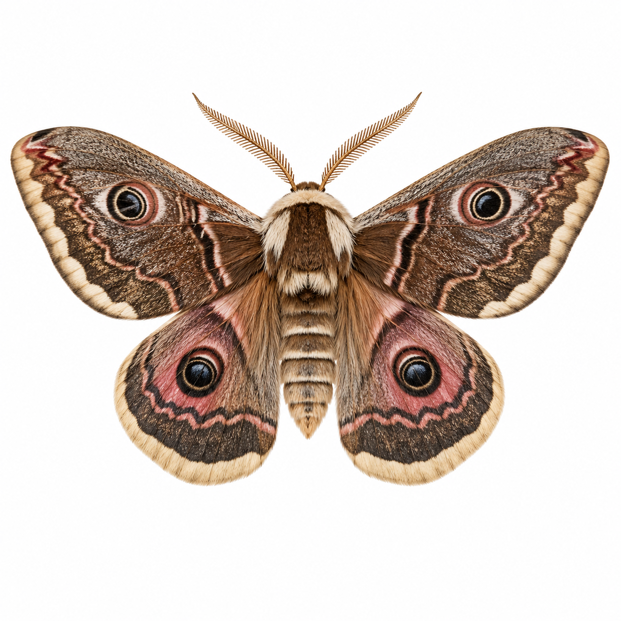 Rain Moth on white background displaying broad wings and characteristic markings.