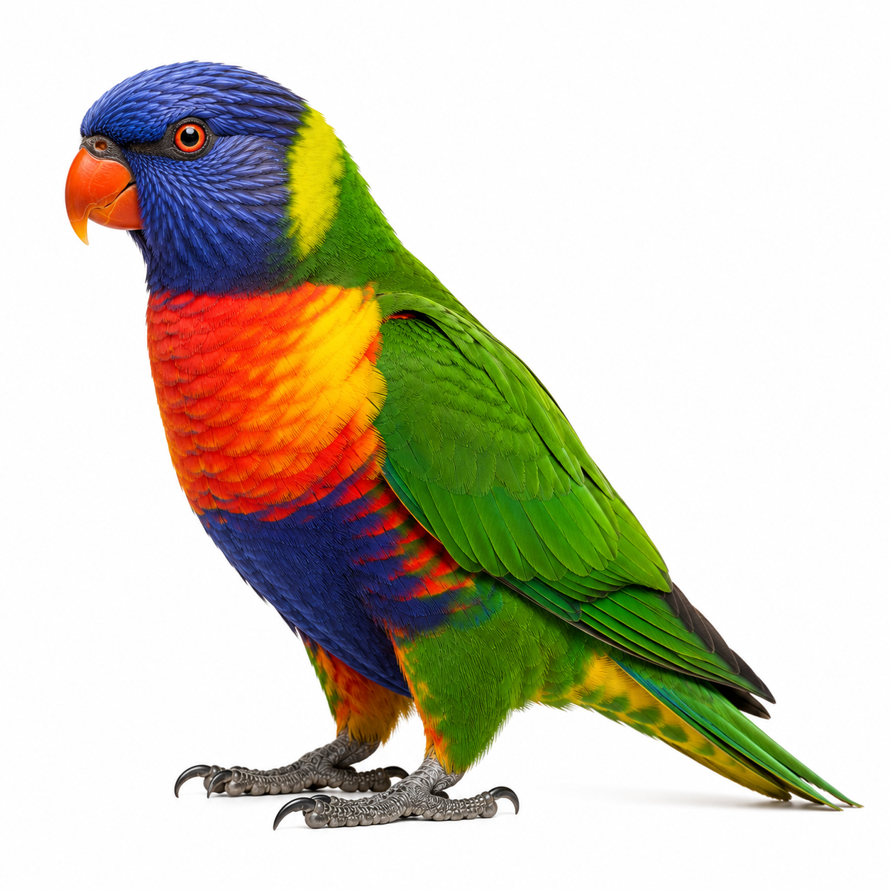 Rainbow Lorikeet on white background facing left displaying bright plumage colours.