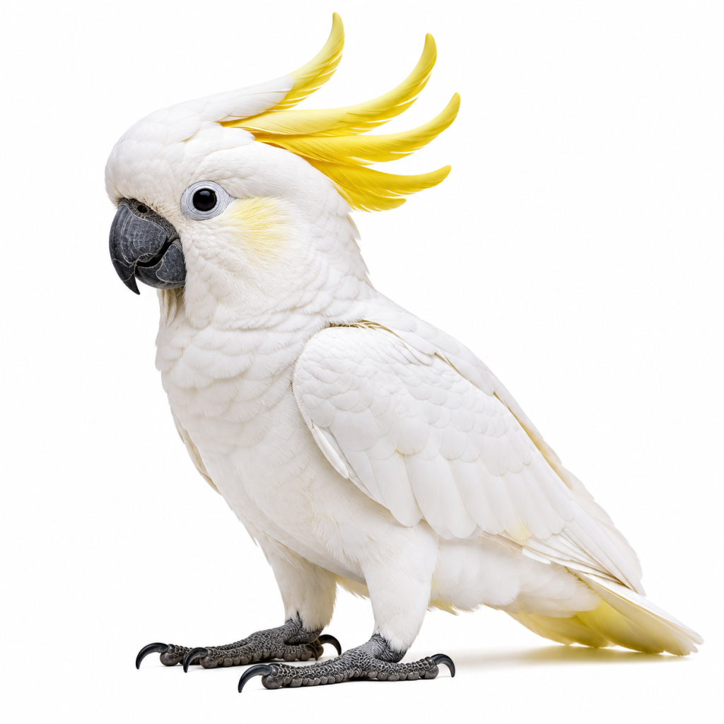 Sulphur-Crested Cockatoo on white background facing left showing distinctive crest.