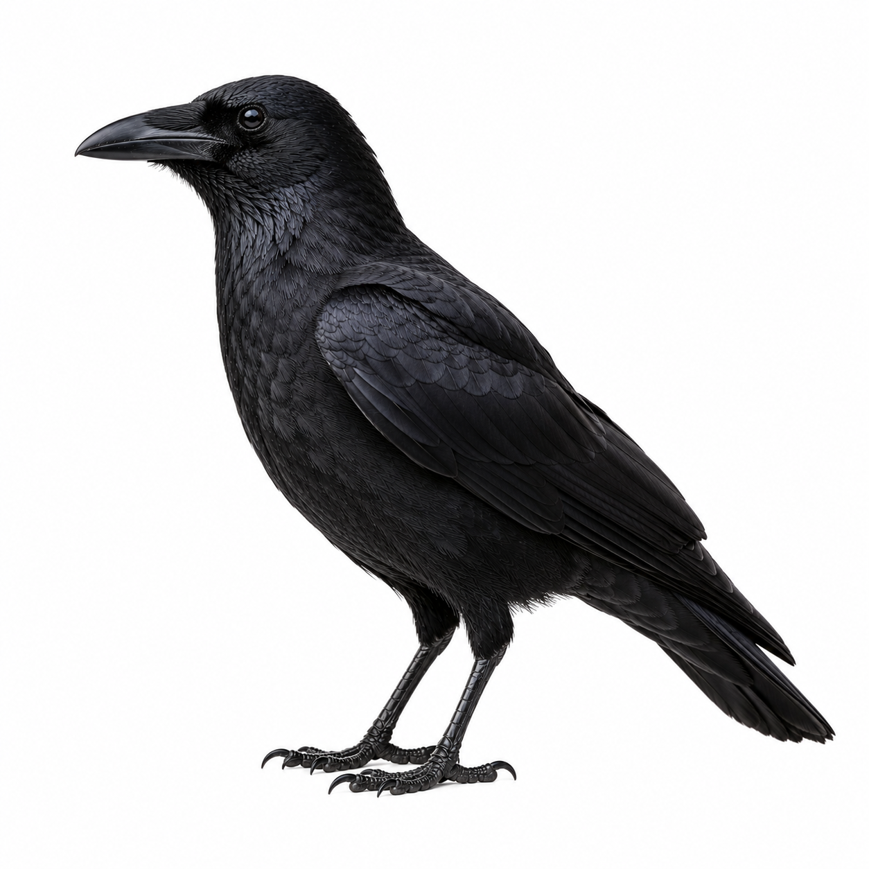 Torresian Crow on white background facing left displaying identifying features.