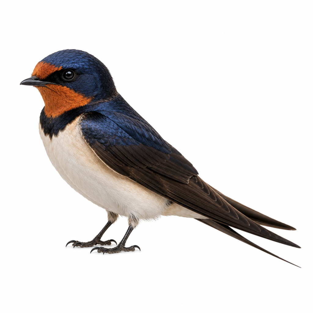 Welcome Swallow on white background facing left showing forked tail and streamlined body.