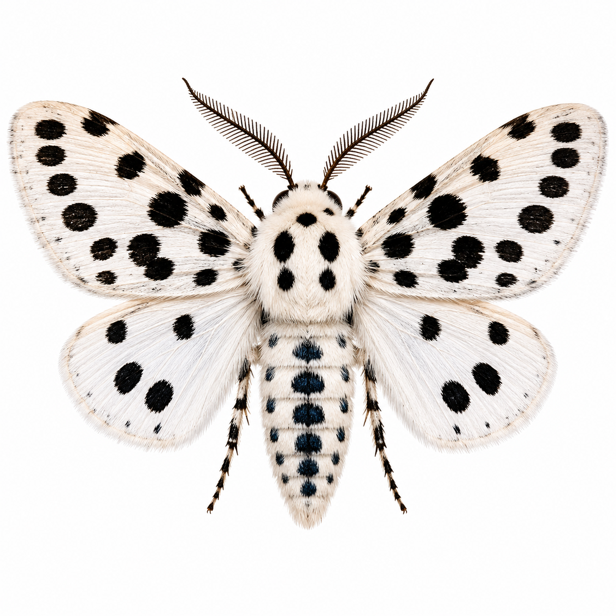 White Cedar Moth on white background showing spotted wings and identifying characteristics.